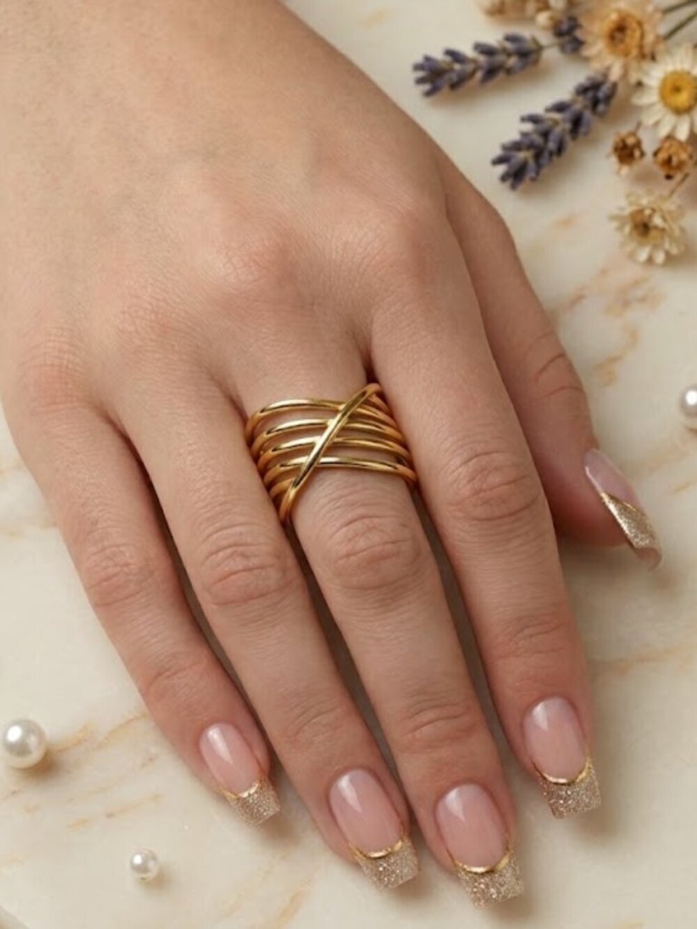 18K Gold Plated Crisscross Open Band Ring Adjustable Clean Girl Modernist 6-9